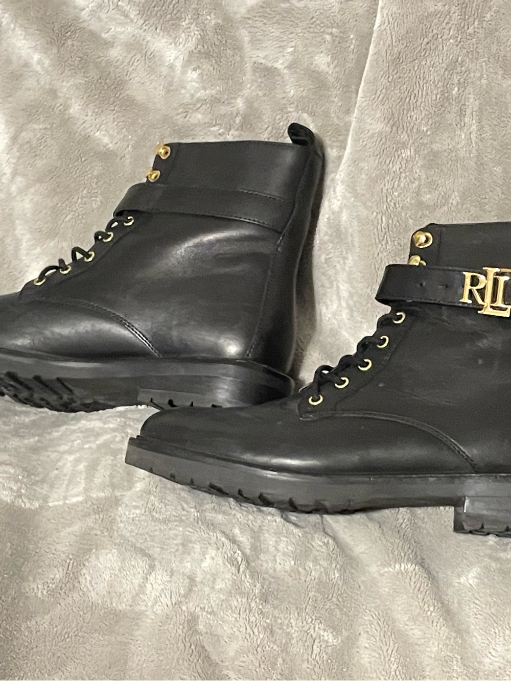 Ralph Lauren Black Leather Lace-Up Boots with Gold RL Accent